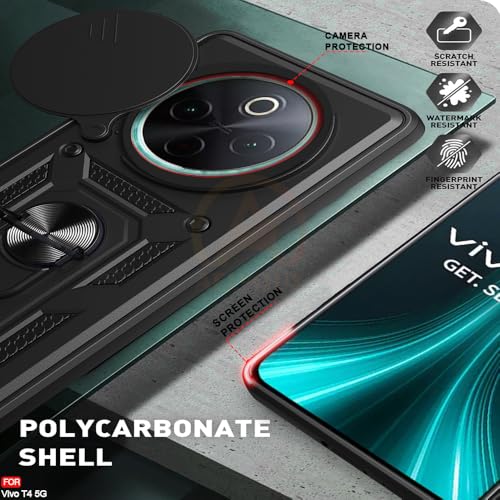 Image of Armor Bumper Back Cover Case for Vivo T4 5G / iQOO Z10 5G Rotating Camera Cover, Ring Holder & Kickstand | Heavy Duty & 360 Degree Protection Vivo T4 5G / iQOO Z10 5G Back Cover (Black)