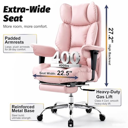 Image of Efomao Executive Office Chair 400lbs,Pink Big and Tall Desk Chair | Mattress-grade pocket spring cushion, sleek leather, 135 recline & footrest for computer gaming setup.