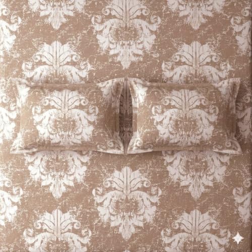 Image of Cotton Bolls Textiles Glace Cotton Fitted Bedsheet 72x72x6 Inch with 2 Pillow Covers - Soft Breathable Fabric, Elastic All Around, Printed Bedding for Double Bed