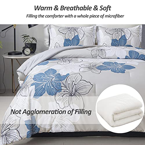 Menghomeus Floral Comforter Set Queen - 3 Piece Blue Floral Pattern Printed On Grey - Ultra Soft Microfiber Bedding Set Lightweight Boho Bed Comforter Set For All Season (1 Comforter, 2 Pillowcases) #TOP2