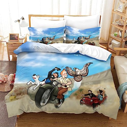 YINGD Juego de funda de edredón 3D de Las aventuras de Tintín con póster de película para niños, juego de edredón decorativo de tendencias de moda, tamaño 140 x 200 cm
