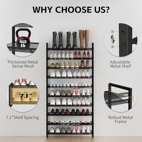 Image of Shoe Rack, 10-Tier Metal Shoe Organizer, Tall Shoe Rack for Closet,entryway,Garage, with Adjustable Flat or Angled Shelves, 42-50 Pairs,Shoes that can accommodate The Whole Family.