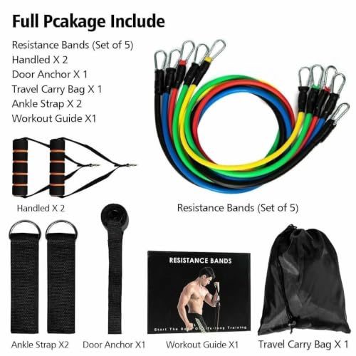 Image of Resistance Bands Set for Exercise, Stretching and Workout Toning Tube Kit with Foam Handles, Door Anchor, Ankle Strap and Carry Bag for Men, Women