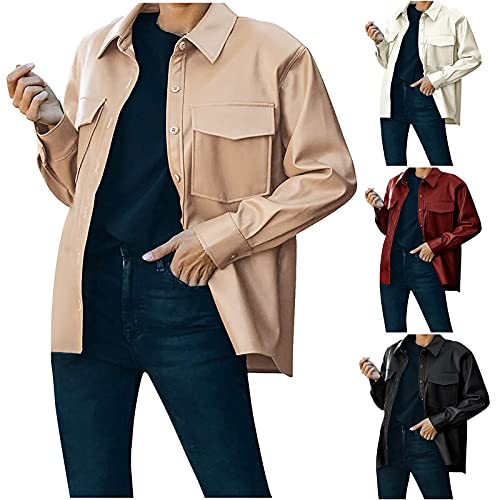 BAODANA Vintage Lederjacke Damen Revers Kunstlederjacke Retro Langarm Cardigan Blazer Jacke Lange Übergangsjacke Frauen Leder Sportlich Slim Fit Geschäft Büro Mantel Anzüge mit Taschen Cover