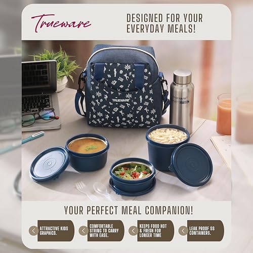 Image of Trueware Omaga Lunch Box with Insulated Khadi Jacket, 3 Microwave Safe & Leak Proof Inner Stainless Steel Containers (1 x 200ml, 1 X 400ml & 1 X 500ml) & 1 Steel Bottle 500ml Tiffin for Office,College