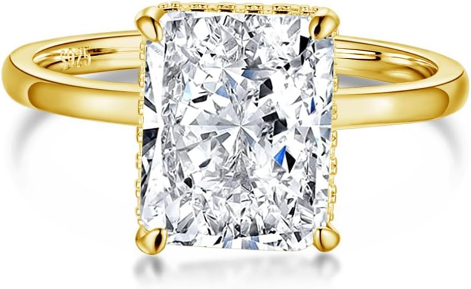 4CT Lab Grown Diamond Ring, Engagement Ring for Women, D Color VVS1 Radiant Cut Solitaire Promise Rings for Her, 18K White Yellow Gold Plated Wedding Band