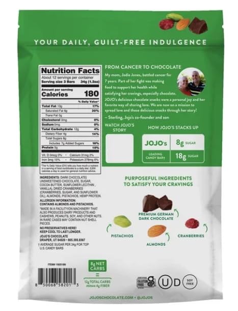 JOJO's Guilt-Free Dark Chocolate Pistachio Almond Cranberry bites ~ 14.4 ounces