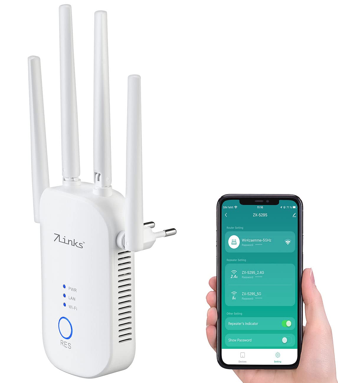7links Repeater WiFi Dual Band 1200 Mbit/s con porta LAN, 4 antenne, app ELESION