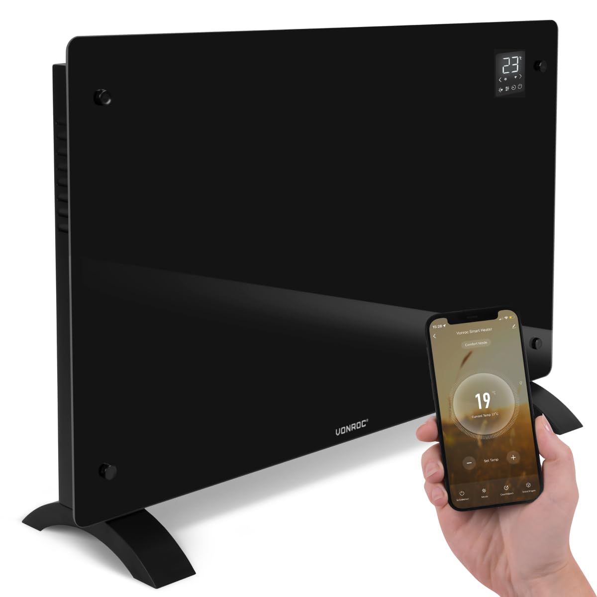 VONROC Riscaldatore elettrico di lusso | Termoconvettore smart a pannello in vetro - 2000W - | Controllo manuale e Wifi Nero