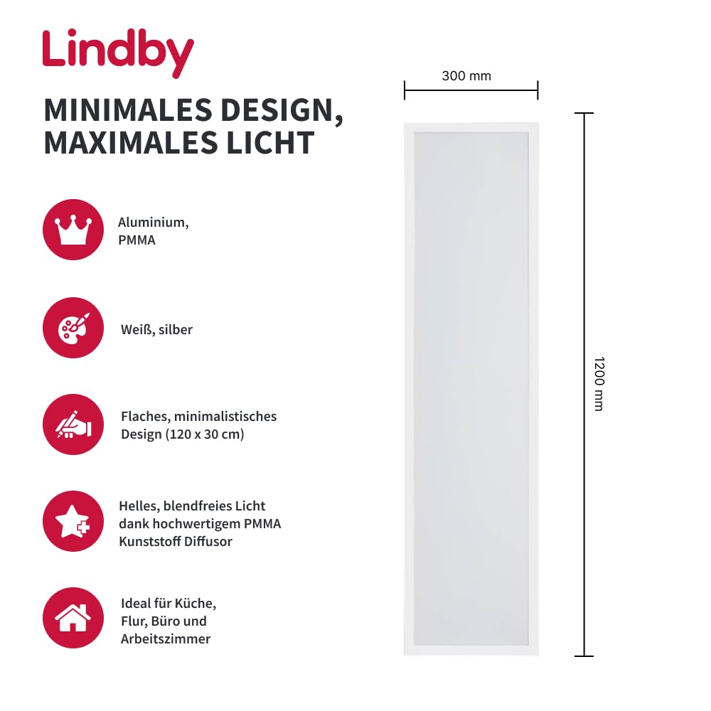 Lindby LED Panel Deckenleuchte ultra flach 120 x 30 cm, Deckenlampe Aluminium Kunststoff Büro Wohnzimmerlampe Küchenlampe Home Office