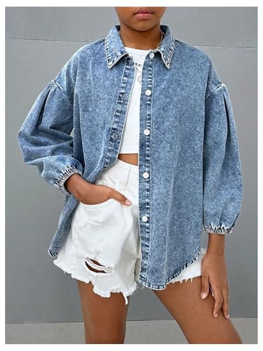 Floerns Girl's Y2k Denim Jacket Bishop Sleeve Button Down Baggy Jean Trucker Jacket2