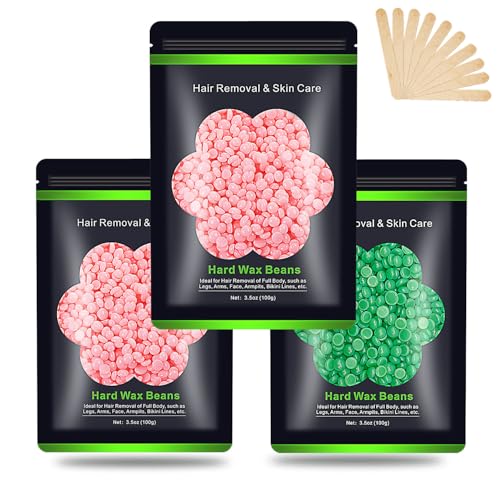 Wax Beads for Hair Removal 10.5oz (300g), Auperwel Hard Wax Beads Beans for Sensitive Skin Brazilian Waxing, Face, Bikini, Eyebrow, Legs, Painless for Women Men, 3 packs Kit with 10 Sticks