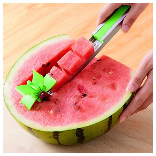 Watermelon slicer cutter Windmill Auto Stainless Steel Melon Cuber Knife Corer Fruit Vegetable Tools Kitchen Gadgets (Green)