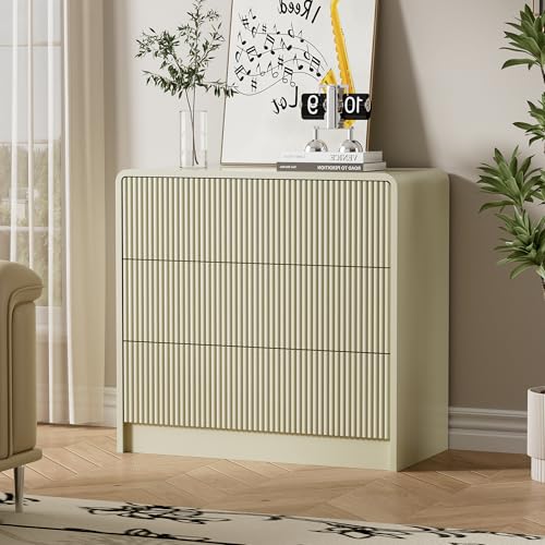 Image of Furniway Beige 3 Drawer Dresser, 32 inch Wide Wood Chest of Drawers with Curved Design, Modern Fluted Dresser with Push-to-Open Storage for Bedroom