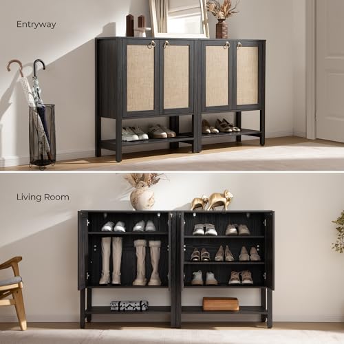 Image of SICOTAS Shoe Cabinet with Storage - 3 Pieces Farmhouse Boho Shoe Organizer with Rattan Doors & Shelves, 5 Tier Free Standing Shoe Rack Storage Cabinet for Entryway, Hallway, Foyer, Closet (Obsidian)