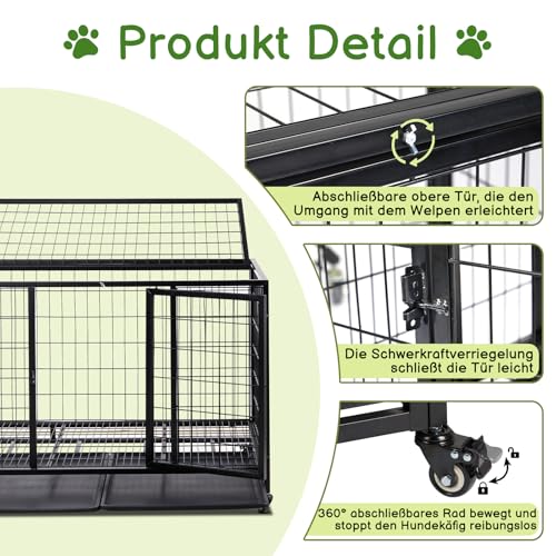 TactFire Hundekäfig hochbelastbar, Mobile Hundebox – 109x76x87 cm, 2 Türen, feststellbare Räder, herausnehmbares Tablett – Für Mittelgroße/Große Hunde – Schwarz