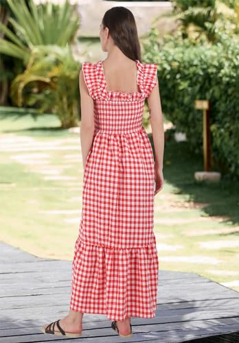 Image of chouyatou Women's Retro Plaid Smocked Dress Spaghetti Strap Flounce Long Dress