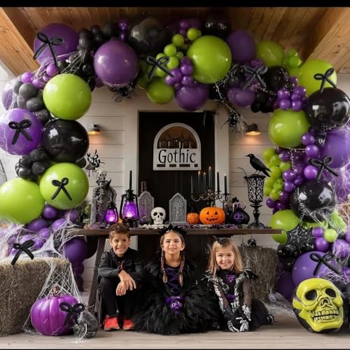 Image of Black Purple Balloon Garland Arch Kit, Double Stuffed Purple Black Balloons Lime Green Lavender Balloon Arch for Wedding Birthday Baby Shower Gothic Wednesday Party Decorations