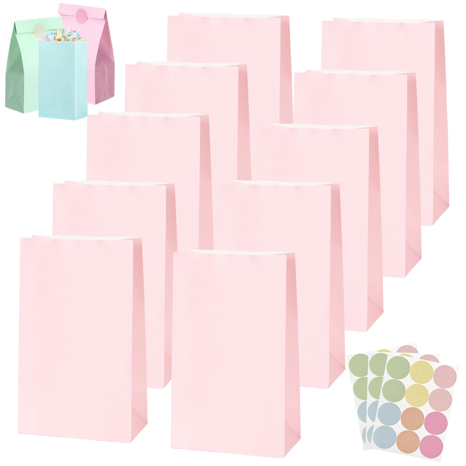 30Pcs Baby Pink Gift Bag Paper Pastel Party Bags for Kids,Adult Parties,Small Birthday Party Favour Goodie Candy Sweets Bag,Kraft Paper Bags with 36 Stickers for Presents,Xmas,Easter Wedding Parties