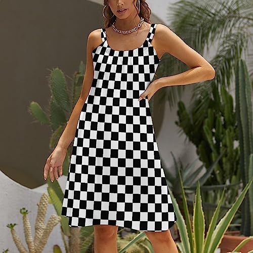 MENRIAOV Women's Spaghetti Strap Sleeveless T Shirt Dresses Black White Race Checkered Flag Casual Beach Cover Up Dress4