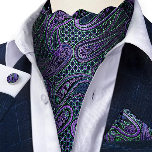 Image of DiBanGu 3PCS Ascot Ties for Men Wedding Jacquard Woven Silk Ascot Cravat for Men Cravat Tie and Pocket Square Set