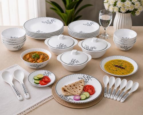 Image of Melvio By Malti 18 Pcs Dinner Set for Dining & Serving | Premium Melamine Crockery Set with Dinner Plates, Quarter Plates, Bowls, Serving Bowl, Lid & Spoons | Microwave & Dishwasher Safe