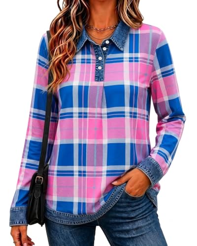 Womens Plaid Shirt V Neck Button Down Long Sleeve Denim Trim Blouse Pink XL