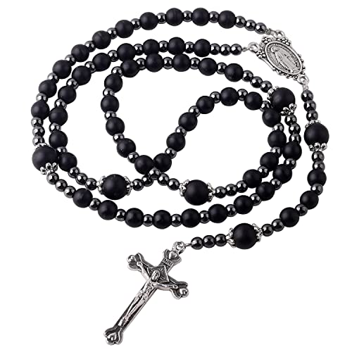 HanlinCC 6mm Black Glass Beads with 4mm Hematite Black Stone Beads Rosary Necklace with Miraculous Center piece and Crucifix pack in Velvet Gift Bag for Men and Women