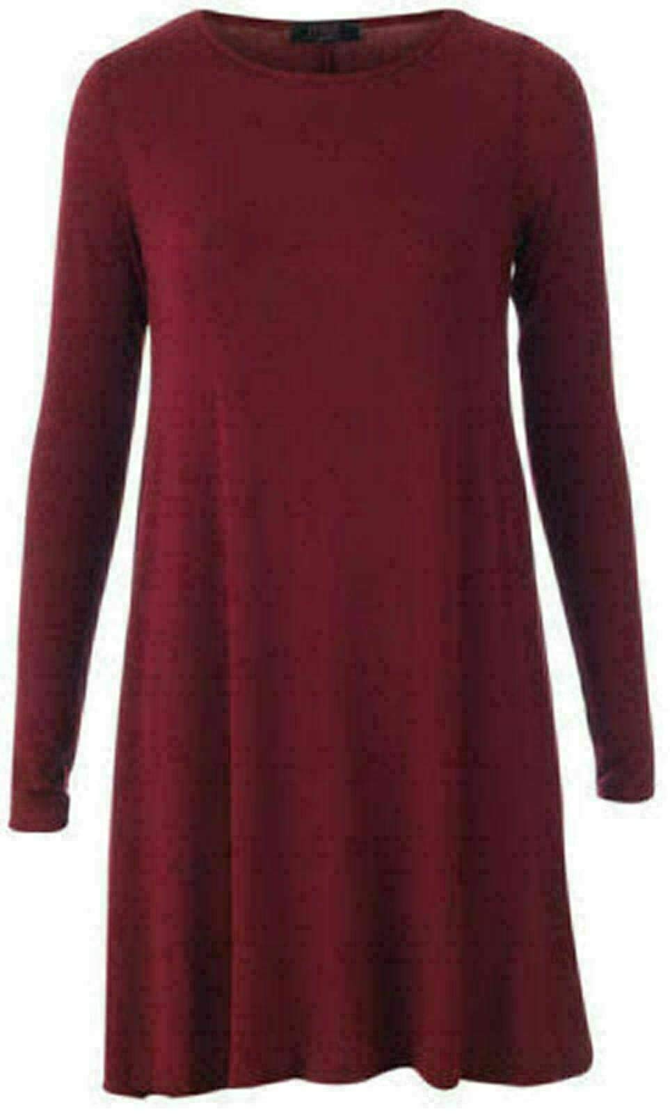 Fairy Boutique Women's Wine Plain Long Sleeve Stretch A Line Swing Dress Flared Skater Top Printed Plus Size T-Shirt 8-26 ( Uk 12-14)