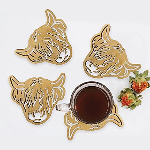 Highland Cow Coasters Wooden Scottish Cow Drink Holders Farmhouse Animal Fuzzy Cow Coasters Cow Lover Gifts Farmyard Set of 4 Cover