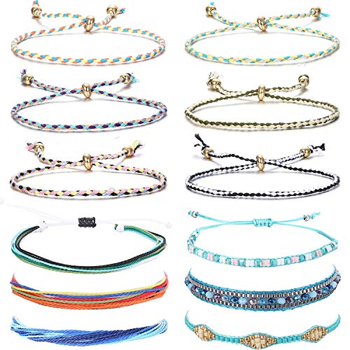 FIBO STEEL Wave Surf Strand String Braided Bracelets Handcrafted Bead for Women Handmade Wax Thread Rope Summer Beach Adjustable Friendship Bracelet Set 12 Pieces