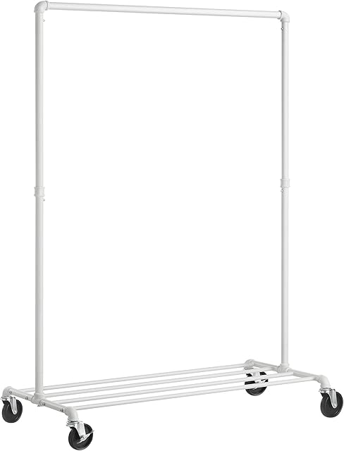 SONGMICS Clothes Rail, Clothes Rack on Wheels, Heavy-Duty Clothing Rail, Holds 90 kg, Industrial Design, Coat Stand with 1 Hanging Rail and Shelf, for Bedroom Laundry Room, White HSR061W01