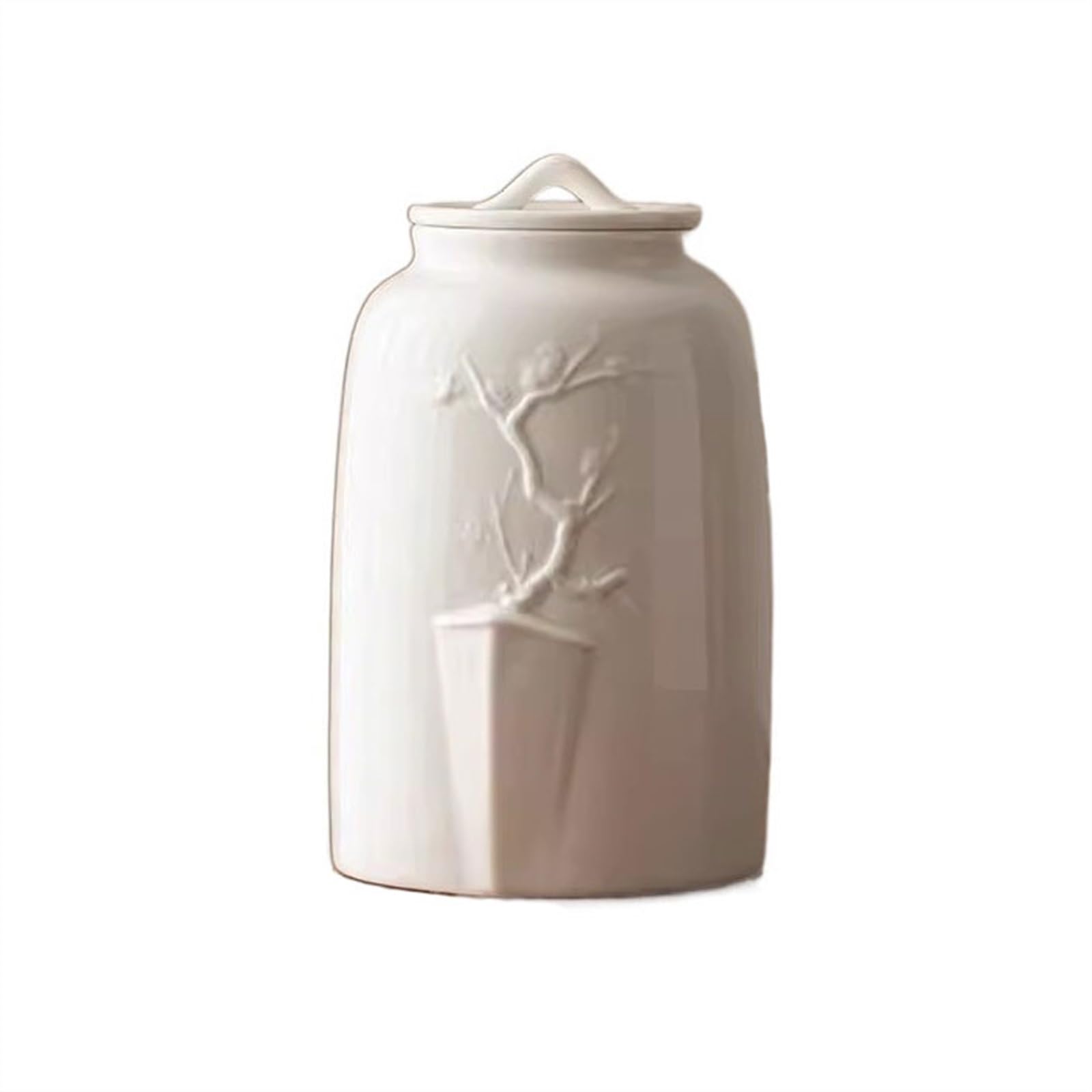 Hhaoran-9868 Ceramic Tea Canister White Porcelain Embossed Plum Blossom Tea Canister Household Large Sealing Jar Empty Ceramic Decorative Ornaments Food Canisters for Kitchen(Small)