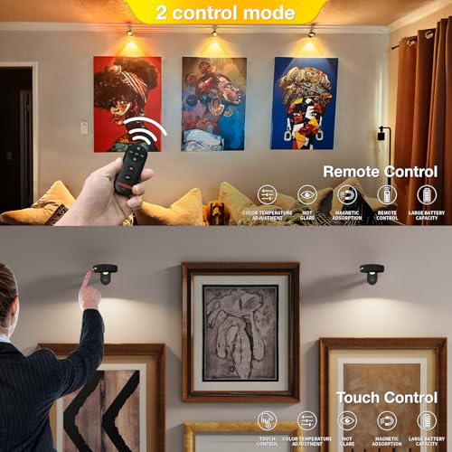 Image of Picture Lights for Wall Wireless with Magnetic,2000mAh Rechargeable Picture Frame lights with Dimmable,Puck Lights with Remote Control,Art Lighting for Paintings,Counter, Shelf,Bookcase(4 Pack,Black)