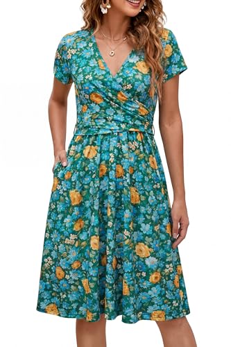 Image of OUGES Maternity Nursing Dress Breastfeeding Short Sleeve V Neck Casual Pregnancy Clothes with Pockets