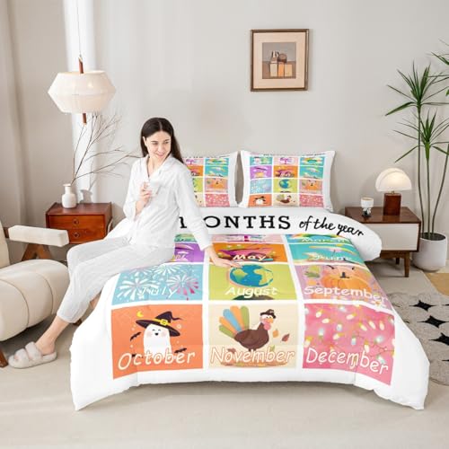 Image of Feelyou Kids Educational Duvet Insert Queen Size, Months Comforter Set Boys Girls Learning Bedding Set Kindergarten Teens Bedroom Decor Microfiber Bed Set