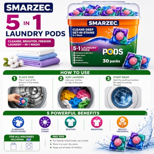 Image of 5-in-1 Magic Laundry Detergent Pods Pro | Tough Stain Remover for Top & Front Load Washing Machines | Floral Fresh Fragrance | Eco-Friendly Dissolvable Pods | 1 Pod = 1 Wash (5-7kg Load) (PACK OF 30)