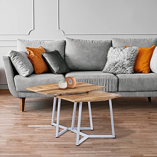 WOMO-DESIGN Beistelltisch Arizona aus Massivholz im 2er Set 73x56 cm / 56x48 cm, Natur-Weiß, Unikat, handgefertigt, Mangoholz/Metall, Satztische Couchtisch Wohnzimmertisch Sofatisch Kaffeetisch Set Cover