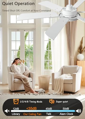 Image of JSAITEE 52 Inch Low Profile Ceiling Fan with Lights, Remote & APP Control, 3CCT Dimmable, 6 Blades 6 Speed Ceiling Fans, Quiet Reversible DC Motor, Modern White Ceiling Fan for Bedroom Living Room