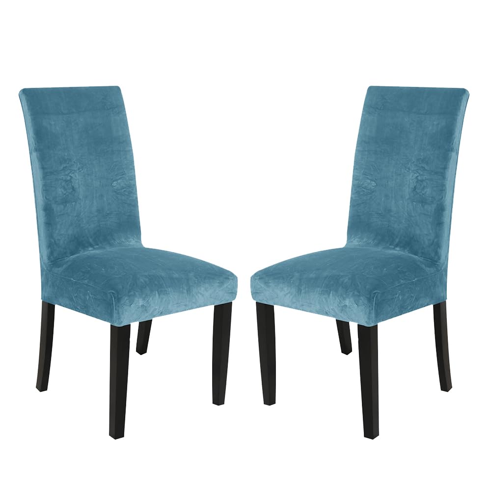SANOCAY Set of 2 Lake Blue Velvet Wingback Chair Cover Slipcover Strength Removable Washable Reusable Armless Protector Cover for Dining Room Banquet Home Decor (Lake Blue, Set of 2)