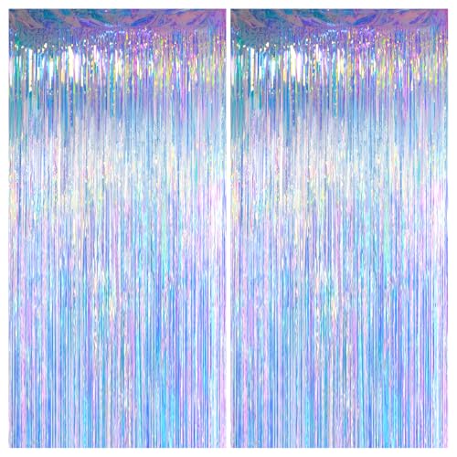 Melsan Iridescent Party Decorations Backdrop - Holographic Tinsel Foil Fringe Curtain for Frozen...