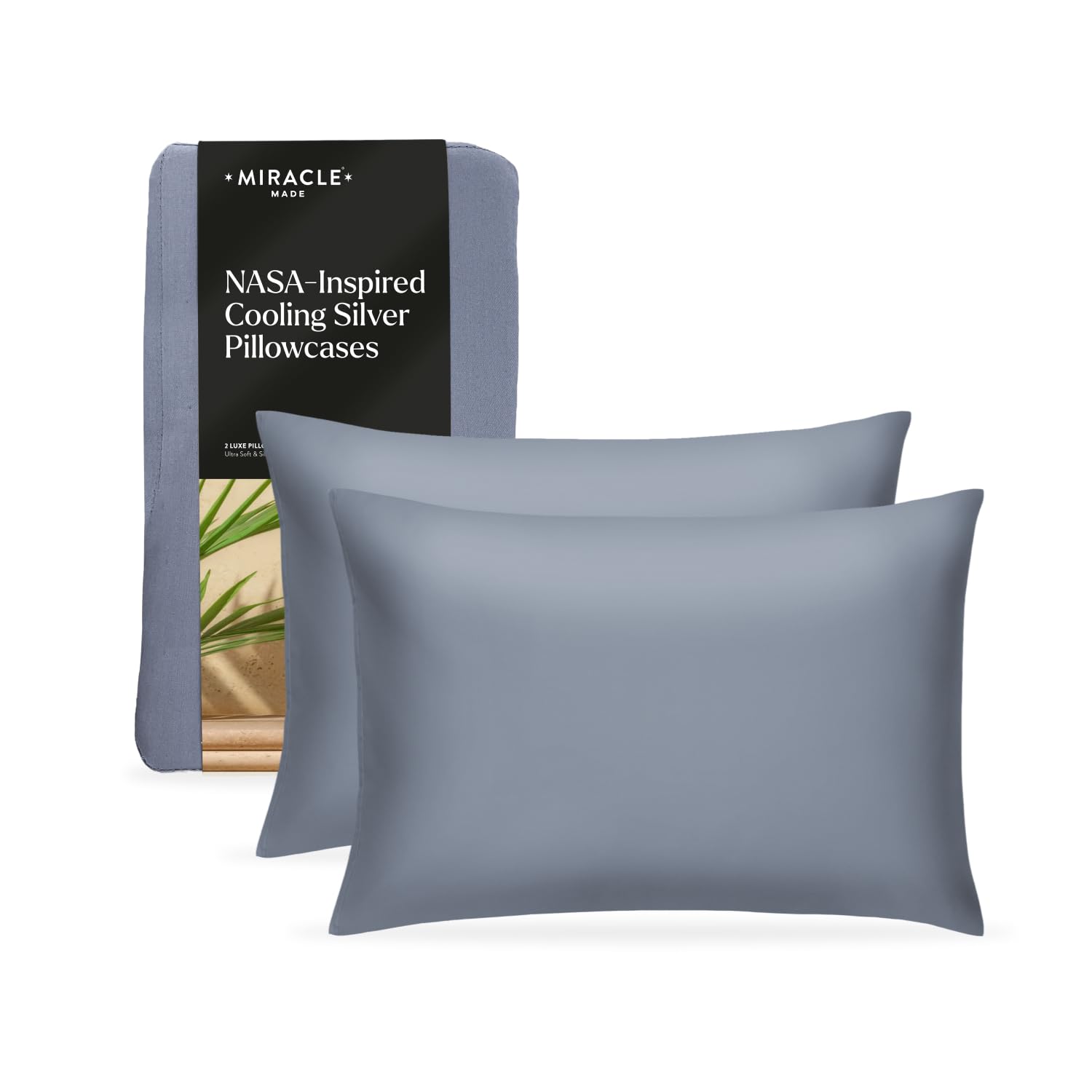 Miracle Made Extra Luxe Cooling Pillowcases - Silver-Infused Cotton, 300 Thread Count, 2 Pack (Slate Blue, Standard)