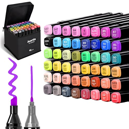 Aoartix Alcohol Markers 48 Colors Art Drawing Permanent Marker Set for Kids Adult Coloring Painting Supplies Dual Tips Fine & Chisel Coloring Marker for Artist Illustration Sketch Books