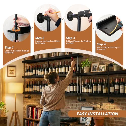 Image of Bar Shelves, Wall Mounted Wine Rack, Black, 36 Inch | 2 Tier, Industrial, Solid pine shelves, black pipe brackets, 40 lbs per shelf, wine, liquor, bar decor, with LED light