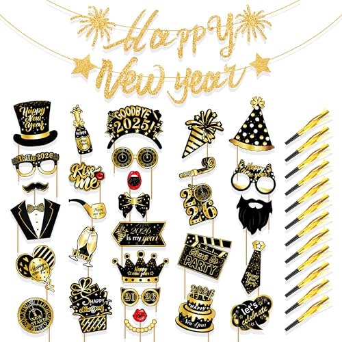 PYSEOSISE Decoracion Nochevieja 2026, 42 Piezas Accesorios Photocall Año Nuevo, Oro Negro Nochevieja Photo Booth Props Happy New Year Banderinas para Hogar Interior y Exterior Fiesta