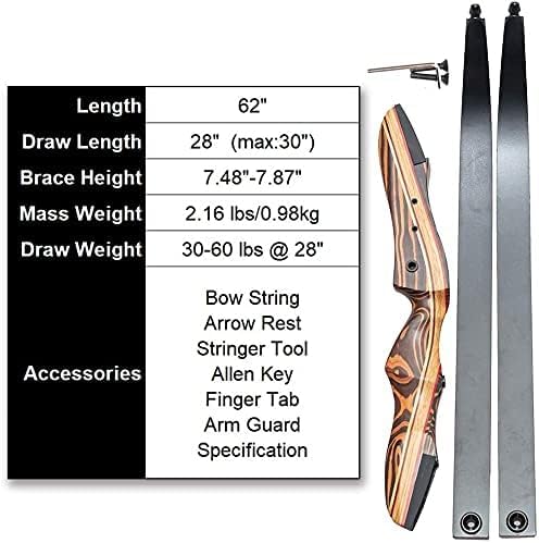 Deerseeker 62" Takedown Recurve Bow Archery For Hunting Targeting Shooting Adults & Youth Right And Left Handed Laminated Wooden Riser 25-60Lbs #TOP1