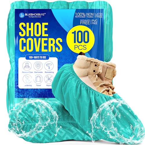 Image of Premium Boot & Shoe Covers Disposable Booties - 100 Pack - Durable, Non-Slip, Non-Toxic, Water Resistant, Recyclable Protectors for Indoor & Outdoor - Large Size Fits Most Shoes