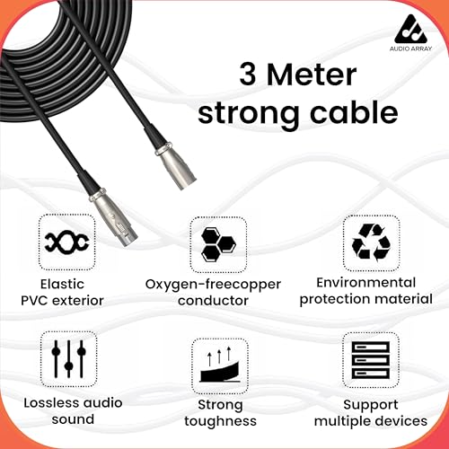 Image of Audio Array A3-XLR 3-Pin Male to Female XLR Cable | 16 Amp High Current | Professional Audio Plug Silver Plated Contacts | Zinc Diecast Metal Body | Latch Lock Compatible with Mic, Mixer & PA Systems