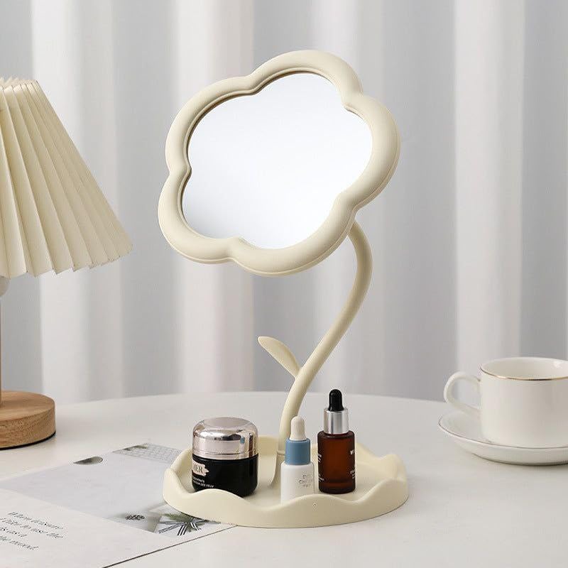 Flower Shape Makeup Mirror Rotatable Travel Mirror with Tray Table Desk Cute Vanity Mirror for Tabletop, Living Room Home Decorations Flexible Stand Beauty Mirror for Girls & Women (White)-image-46