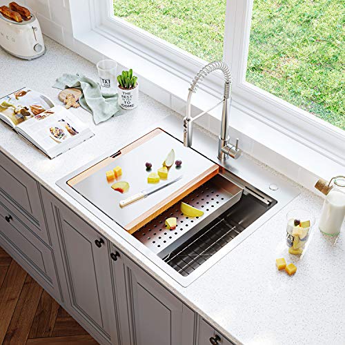 MENSARJOR 25" x 22" Workstation Ledge Drop-in Topmount Handmade Kitchen Sink SUS304 Stainless Steel 18 Gauge Single Bowl